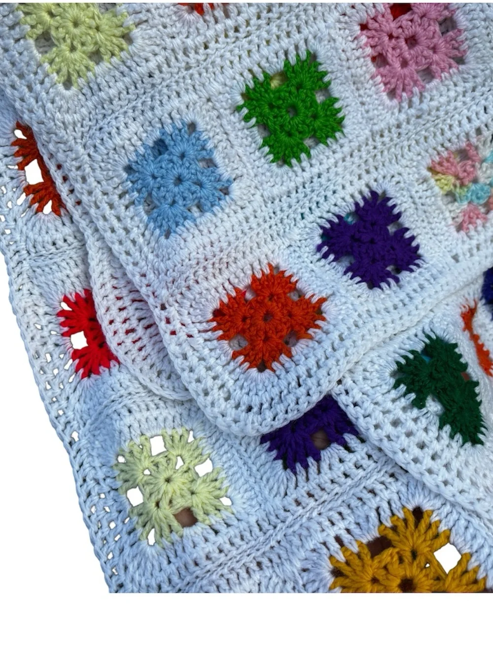 Handmade Crochet Granny Square White Blanket with Multicolor Quilt Blanket 54x42